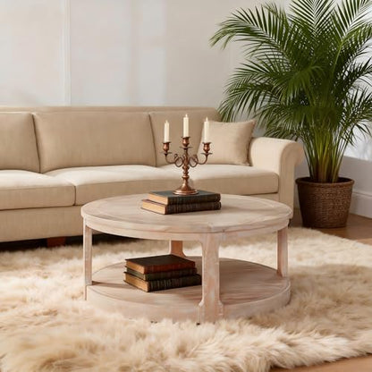 Coffee Table Round 40 inch for Living Room Modern 2-Tier Solid Wood Desktop Coffee Tables with Stroage Casters Circle Drum Tea Wooden Handcraft Home Furniture for Apartment Easy Assembly Oak - color: 40 Oak 2-tier