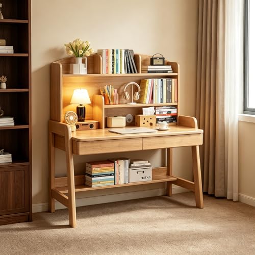 Solid Wood Desk with Hutch, 36.6" Home Office Writing Desk with 2 Drawers & Open Bookshelf, Study Table with Rounded Edges & Thickened Panel, Ideal for Kids/Adults Bedroom, Small Space