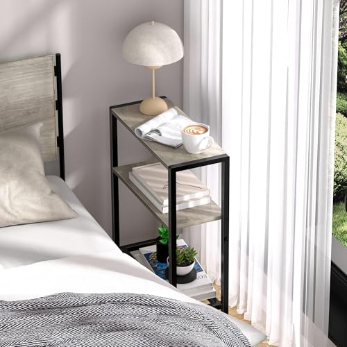 Narrow Side Table Set of 2 for Small Space, 2-Tier Small End Table with Shelf Holder, Slim Nightstand, Skinny Snack Couch Table in Living Room, Bedroom, Study, Kitchen and Balcony (Greige) - color: Greige