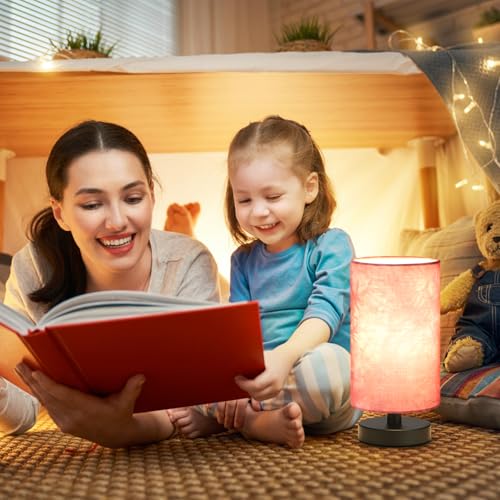Fenmzee Small Table Lamp for Bedroom - Inline Control, Bedside Lamp with 3000K A15 LED Blub, Easy Assembly (Pink Shade - Black Base, 9" Inline Control) - color: Pink Shade - Black Base