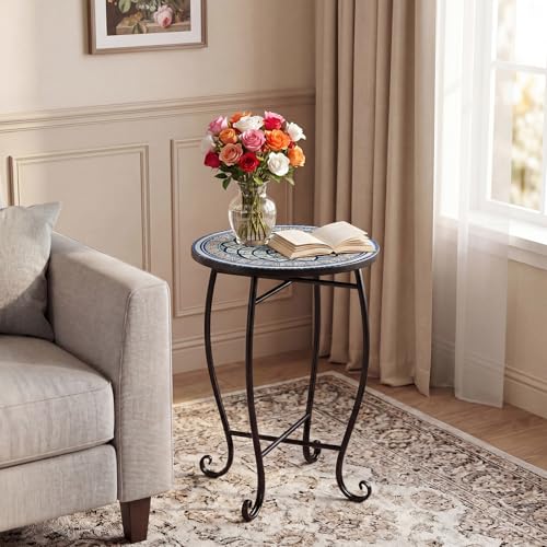 Giantex Outdoor Side Table, Blooming Lotus Mosaic Patio Accent Table, 14" Coffee End Table, Indoor Outdoor Metal Plant Stand for Porch Garden Balcony Desk - style: Blooming Lotus