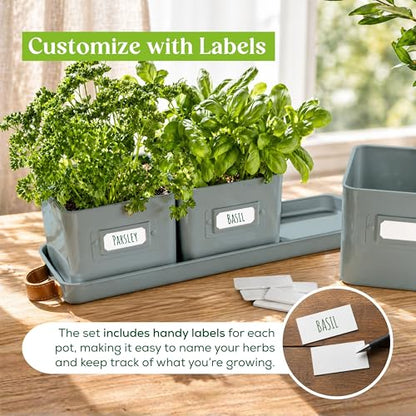 volila Herb Planter Indoor - Set of 3 Teal Blue Indoor Herb Garden Pots for Plants with Leather Handled Tray - Window Sill Plant Shelf - Herb Pots with Drainage Holes and Labels - color: Teal Blue