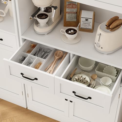HOSTACK 71" Tall Kitchen Pantry Storage Cabinet, Wood Kitchen Hutch, White | Modern Pantry Cabinet with Microwave Stand, Hutch Cabinet with Countertop & Drawers, Storage Cabinet for Living Room - color: White