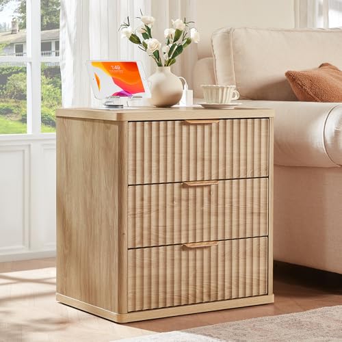LEYAOYAO 23" Wide Fluted Night Stand with Charging Station, 3 Drawers Large End Table with Storage, Natural Nightstand Wood Bedside Tables, Farmhouse Cabinet Dresser for Bedroom, Closet - color: Natural, size: 3 Drawers