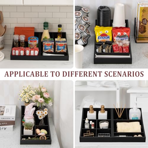 ANBOXIT Coffee Station Organizer for Countertop, Condiment Storage Caddy, Coffee Bar Supplies Organizer for Home, Office and Breakroom - Wooden, Black, 7 Compartment - size: Long & Narrow (7 Compartment)