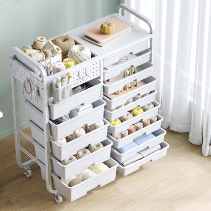 14-Drawers Rolling Storage Cart with Tabletop & Pegboard, Multi-Purpose Utility Organizer Cart for Home, Classroom, Office, Dorm & Bedroom