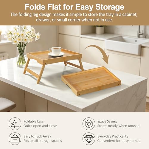 Breakfast Tray with Folding Legs Set of 2, Bamboo Bed Tray Table 15.7" Foldable TV Dinner Tray with Ergonomic Wave Handles for Bed Couch Sofa, Breakfast, Snacks, Coffee, Natural - color: Natural, size: Medium