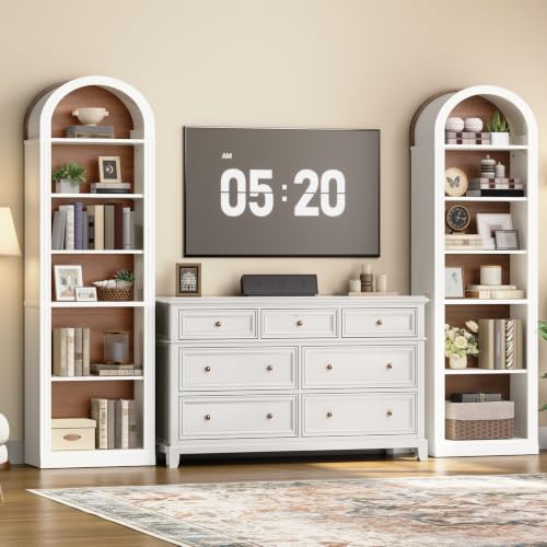 RALGEND Arched Bookshelf, 75.8" Tall Narrow Bookshelf, Arch Bookcase with Storage, 6-Tier Farmhouse Book Shelf, Wooden Arched Cabinet with Open Display Shelves, Adjustable Shelf, Walnut and White - color: White + Walnut, size: 18.9"L x 11.8"W x 75.8"H