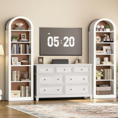 RALGEND Arched Bookshelf, 75.8" Tall Narrow Bookshelf, Arch Bookcase with Storage, 6-Tier Farmhouse Book Shelf, Wooden Arched Cabinet with Open Display Shelves, Adjustable Shelf, Walnut and White - color: White + Walnut, size: 18.9"L x 11.8"W x 75.8"H