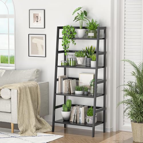 Homykic Bamboo Bookshelf 4-Tier Ladder Shelf, 49.2” Freestanding Open Bookcase Book Shelf Bathroom Storage Shelf Unit Plant Stand for Small Space, Living Room, Bedroom, Home Office, Black - color: Black