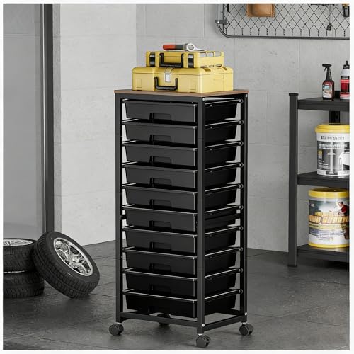 SYKIARIOL Rolling Cart with Drawers,10 Drawer Rolling Cart,Storage Cart,Utility Cart,Teacher Cart for Classroom Storage,Craft Cart with Wheels and Wooden Tabletop,Black - color: Black