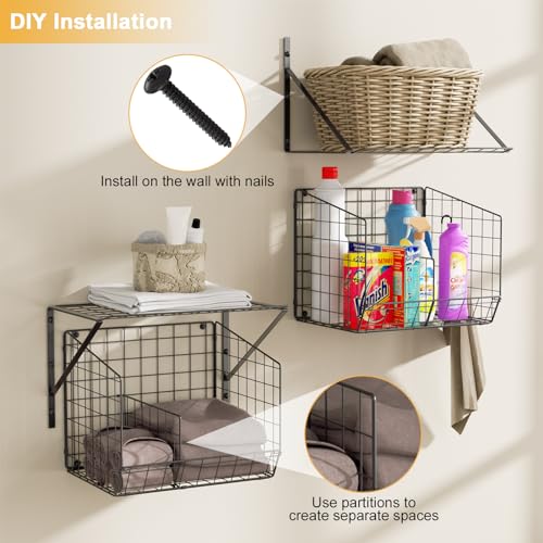 4 Pack Laundry Room Shelves Wall Mounted with Wire Baskets, Laundry Room Organizer and Storage, Over The Washer and Dryer Wire Shelf with 2 Removable dividers and 8 S-Shaped Hooks
