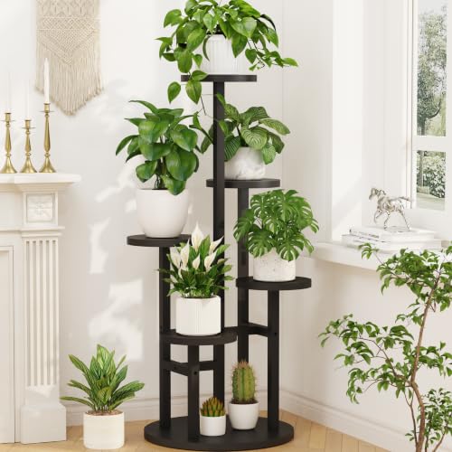 LASZOLA Wood Small Plant Stand Table Tall for Indoor Corner, 5 Tier Black | Flower Pot Holder Rack for Multiple Plants, Rustic Planter Shelf Display for Patio Garden Balcony Living Room - color: Natural Black, size: 5 Tier