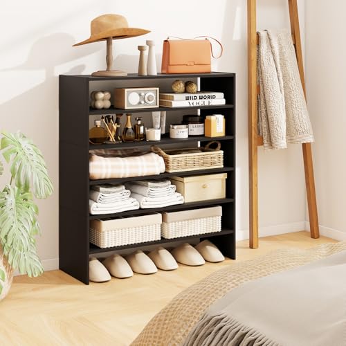 COSTWAY 6-Tier Shoe Rack, Extra Wide Shoe Shelf Organizer with Stackable Design, 31" Freestanding Adjustable Storage Shoe Stand for Small Space Entryway Hallway Closet (1,Black) - color: Black