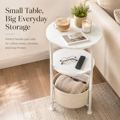 Small Round Side Table with Storage Basket, 3-Tier Narrow End Table Nightstand for Living Room Bedroom, 11.8" Diameter Modern Bedside Table for Small Spaces, Wood Grain & Metal Frame (White) - color: White