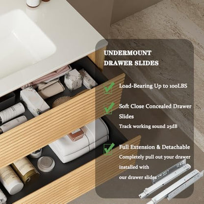 24" Floating Bathroom Vanity with Sink, Wall Mounted Modern Bathroom Cabinet with 2 Soft Close Drawers, Oak & Plywood, Pre-Assembled with Integrated Ceramic Basin – Sedona, Light Oak - color: Light Oak, size: 24 Inch