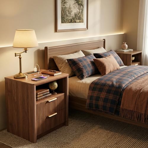 LYNCOHOME 19.7" Fluted Nightstand with Charging Station, 2 Drawer Bedside Table, Modern Night Stand with Curved Edge Design, Wooden End Table for Bedroom, Rounded Night Stand with Storage, Walnut - size: 15"D x 19.7"W x 24.2"H（2 Drawers）