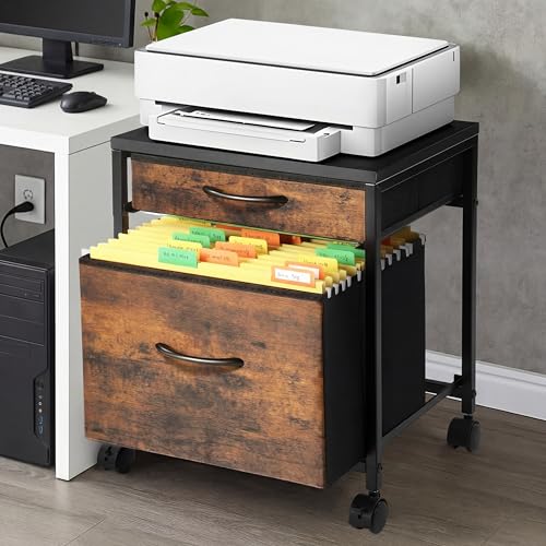 AceOrbit Back to School Rolling File Cabinet Mobile Printer Stand 2 Drawer Classroom Organization Cart A4 Letter Size Beside Vertical Filing Cabinet on Lockable Wheel Under Desk Storage(Rustic Brown) - color: Rustic Brown