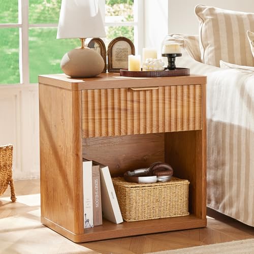 LEYAOYAO Fluted Nightstand with Charging Station, 23" Wide 1 Drawers Night Stand,Brown End Table with Open Storage,Farmhouse Bed Side Tables, Wood Dresser for Bedroom, Living Room, Closet - color: Brown, size: 1 Drawers