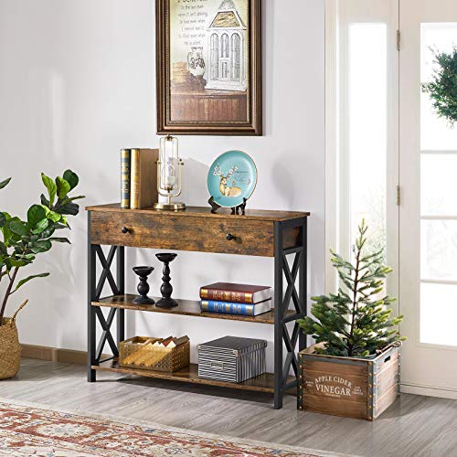 Topeakmart Wood Console Table with Drawer & Storage for Living Room, Industrial Console Table for Entryway, 3 Tier Sofa Table Hallway Table with Bookshelf, Rustic Brown - color: Rustic Brown, style: without Power Outlet
