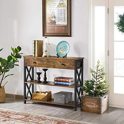 Topeakmart Wood Console Table with Drawer & Storage for Living Room, Industrial Console Table for Entryway, 3 Tier Sofa Table Hallway Table with Bookshelf, Rustic Brown - color: Rustic Brown, style: without Power Outlet