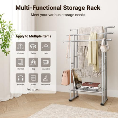 ELYKEN 3 Tier Standing Towel Rack, 40'' Tall Towel Drying Rack Outdoor, Freestanding Floor Towel Rack with Shelf, Pool Towel Blanket Stand, Metal Towel Racks for Bathroom freestanding, Smooth Silver - color: Silver