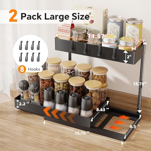 Simple Trending Under Sink Organizer 2 Pack, 2 Tier Cabinet Organizer with Sliding Basket, Multi-Purpose Sink Storage Basket with 4 Hooks for Kitchen Bathroom, Black - size: 2 pack