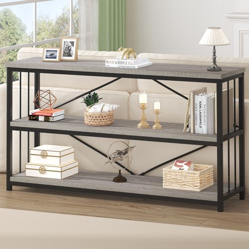 HSH Low Bookshelf, Wood Metal 3 Tier Long Horizontal Bookcase, Large Open Etagere Bookshelves with Storage for Bedroom, Farmhouse Wide Book Shelf for Home Office Living Room, Light Grey Oak, 70 Inch - color: Light Grey Oak, size: 70 Inch