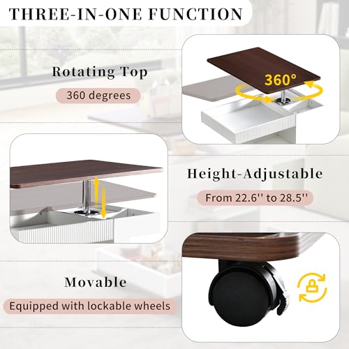Merax Adjustable End Table with Wheels, Modern Multifunctional Sofa Side Table with Lift-Top, 360°Rotating Top and Storage Space for Living Room, Small Space, Brown+White - color: Brown+white