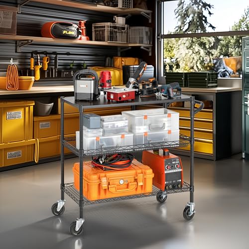 Finnhomy 3 Tier Heavy Duty Commercial Grade Utility Cart with Wood Top, Wire Rolling Cart with Wheels and Handle Bar, Kitchen Carts on Wheels, 18x36x35.4 H Metal Cart with 600 LBS Capacity, Black - style: 36“L Black