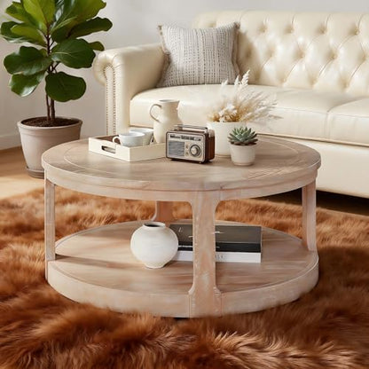 Coffee Table Round 40 inch for Living Room Modern 2-Tier Solid Wood Desktop Coffee Tables with Stroage Casters Circle Drum Tea Wooden Handcraft Home Furniture for Apartment Easy Assembly Oak - color: 40 Oak 2-tier