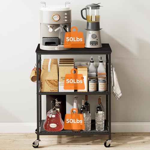 Homleke 3-Tier Rolling Kitchen Microwave Cart, Kitchen Utility Cart on Lockable Wheels, Coffee Bar Table Station with 6 S-Shaped Hooks, Small Appliance Storage Shelf, Black - color: Black, size: 3-Tier
