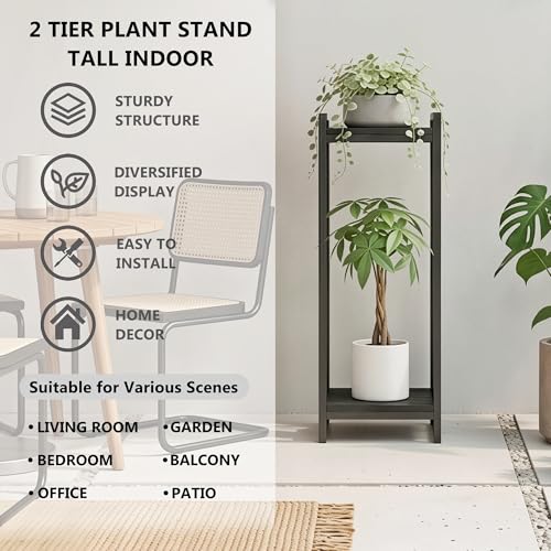 34" Tall Indoor Plant Stand, 2-Tier Flower Pot Rack, Black | Modern Minimalist Look, Wood Finish, for Living Room, Bedroom, Balcony, Space-Saving, Sturdy Metal Frame