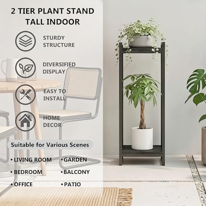 34" Tall Indoor Plant Stand, 2-Tier Flower Pot Rack, Black | Modern Minimalist Look, Wood Finish, for Living Room, Bedroom, Balcony, Space-Saving, Sturdy Metal Frame
