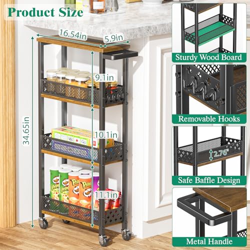 4-Tier Slim Rolling Storage Cart for Kitchen Bathroom Organizer, Mobile Narrow Storage Cabinet Utility Cart with Wood Rack on Wheels for Pantry Laundry Small Space - size: Brown/Net Bar
