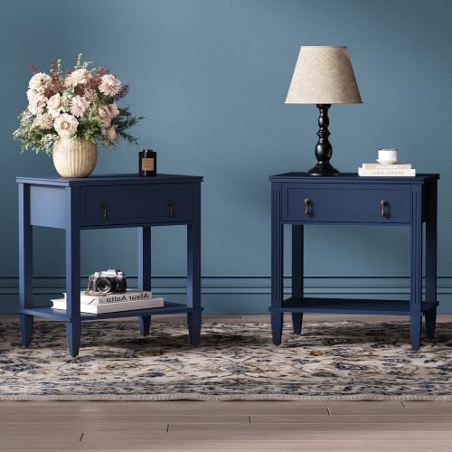24 Inch Nightstands Set of 2 with Drawer, Side Table with 1 Drawer and Open Shelf, Vintage Small Bedside Table with Handles, 2-Tier Storage Shelves End Table for Bedroom, Dorm (Blue) - color: Blue