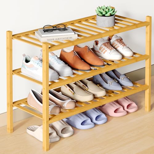 Smiry Bamboo Shoe Rack for Closet, 3 Tier Wooden Shoe Organizer, Stackable Wood Shoe Storage Shelf for Entryway, 14 Vertical Slats, One-piece Heavy-Duty Legs, 26.77"x11.02"x18.31", Natural - color: Natural, size: 3 Tier - Medium