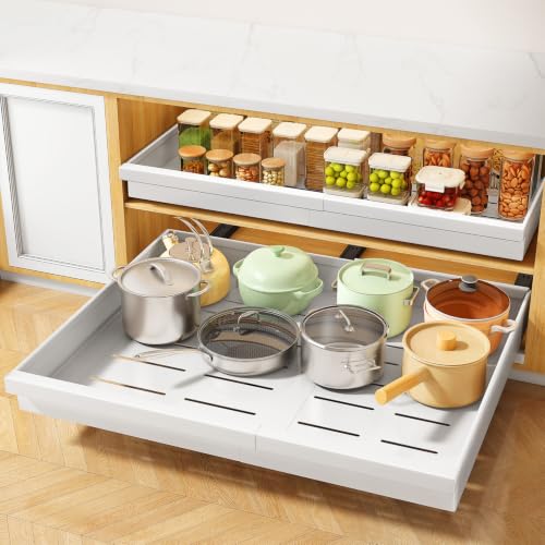 Pull out Cabinet Organizer, 1-Pack Expandable(13.6"-24") Silde out Drawers with Raising Pad for Framed Cabinets, Adjustable Full-Extension Adhesive Roll out Shelves for Kitchen Pantry Home Pot and Pan - color: White, size: (13.6''-24'')Wide-21''Deep (1Pac