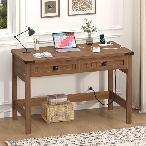 YOMILUVE Farmhouse Computer Desk with 2 Drawers, 39 Inch Small Office Computer Desk with Power Outlets, Compact Writing Study Vanity Desk for Small Spaces, Brown - color: Brown