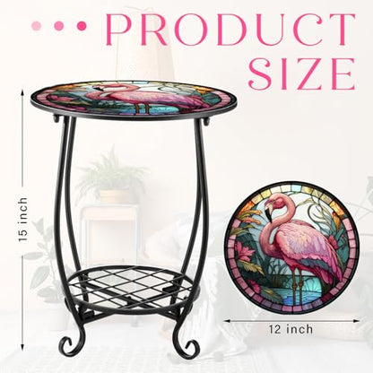 Cinnvoice Outdoor Side Table Round Small Mosaic Patio Accent Indoor End Plant Coffee Tea Table for Yard Patio Porch Garden Living Room, Bedroom(Flamingo Style,12 Inch) - size: 12 Inch, style: Flamingo Style