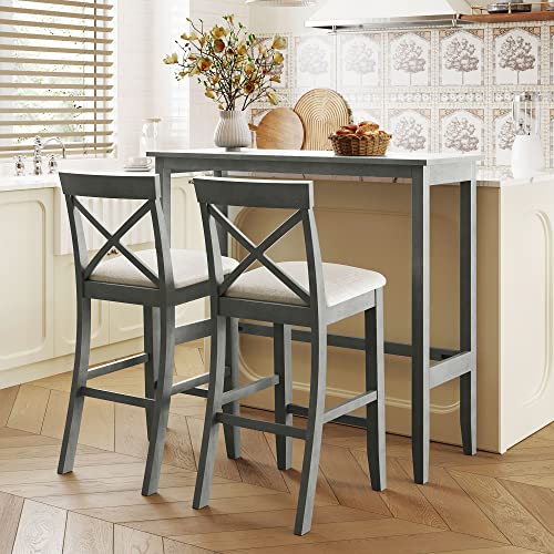 Farmhouse Rustic 3-Piece Counter Height Wood Kitchen Dining Sets, Home Bar Pub Kitchen Set, 48'' Long Bar Table with 2 Upholstery Chairs for Small Places - color: Gray-3-piece