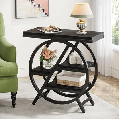 Tribesigns End Table for Living Room, 3-Tier Narrow Side Table with Storage, Wood Sofa Side Table with Geometric Metal Frame, Industrial Nightstand and Bedside Table for Bedroom, Black - color: Black