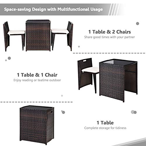 Giantex 3 PCS Cushioned Outdoor Wicker Patio Set Convention Bistro Set with Patio Sofa Chairs Garden Lawn Space Saving Conversation Furniture No Assembly (Light Brown) - color: Light Brown
