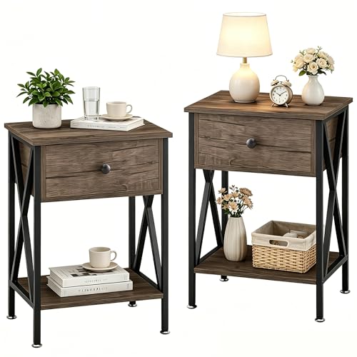 VECELO Nightstands Set of 2, Modern Bedside End Tables, Night Stands with Drawer and Storage Shelf for Living Room Bedroom, Industrial Metal Frame - color: Classic Grey, size: Set of 2 - 15.8"W x 11.8"D x 21.7"H
