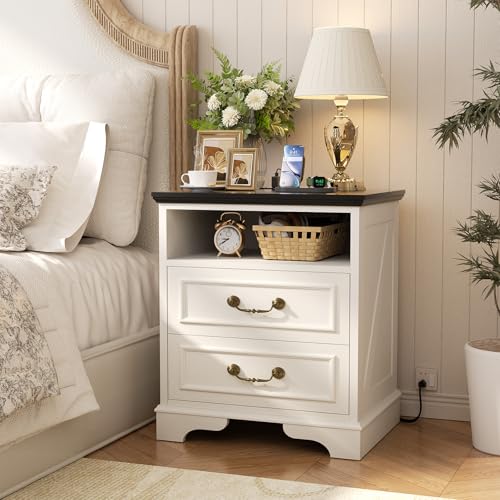 Unikito Farmhouse Nightstand with Charging Station, Antique White | 2 Large Drawers, Vintage Handles, Sturdy Open Storage Side Table for Bedroom, Living Room, Home Office - color: Antique White, size: 1 PACK