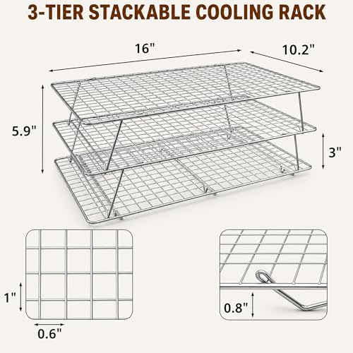 Cooling Rack 16"x10", 3-Tier Stackable & Collapsible Cooling Racks | Cooling Racks for Cooking and Baking, Roasting, Grilling, Oven & Dishwasher Safe (Silver, 3-Tier-SL) - color: Silver, size: 3-Tier-SL