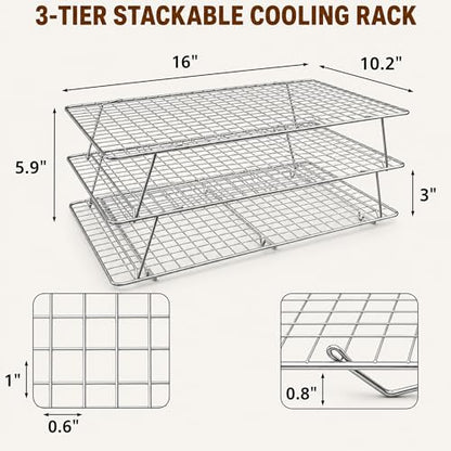 Cooling Rack 16"x10", 3-Tier Stackable & Collapsible Cooling Racks | Cooling Racks for Cooking and Baking, Roasting, Grilling, Oven & Dishwasher Safe (Silver, 3-Tier-SL) - color: Silver, size: 3-Tier-SL