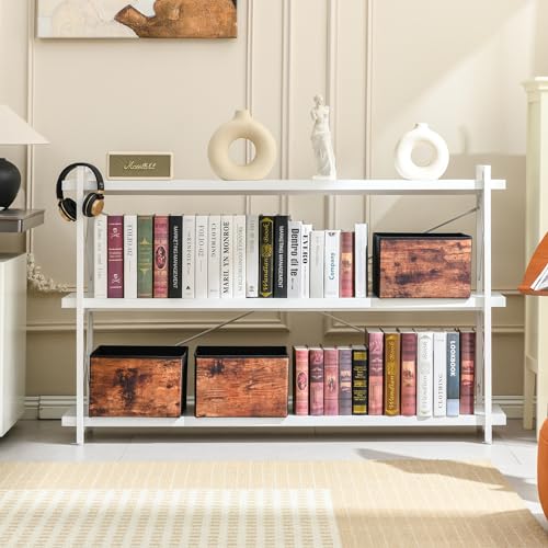 HCHQHS Bookshelf, 3-Tier Long Industrial Bookcase, White Open Book Shelf, Freestanding Horizontal Bookshelves with Metal Frame - color: Cloud White, size: 3-Tier (56.7"W x 35.8"H)