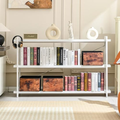 HCHQHS Bookshelf, 3-Tier Long Industrial Bookcase, White Open Book Shelf, Freestanding Horizontal Bookshelves with Metal Frame - color: Cloud White, size: 3-Tier (56.7"W x 35.8"H)