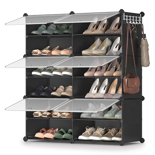 SONGMICS Shoe Rack Organizer, 6-Tier Shoe Storage Cabinet for Closet and Entryway, Holds 24 Pairs of Shoes, Adjustable, Ink Black and Transparent ULPC033B01 - color: Ink Black + Transparent, size: 6 Cubes